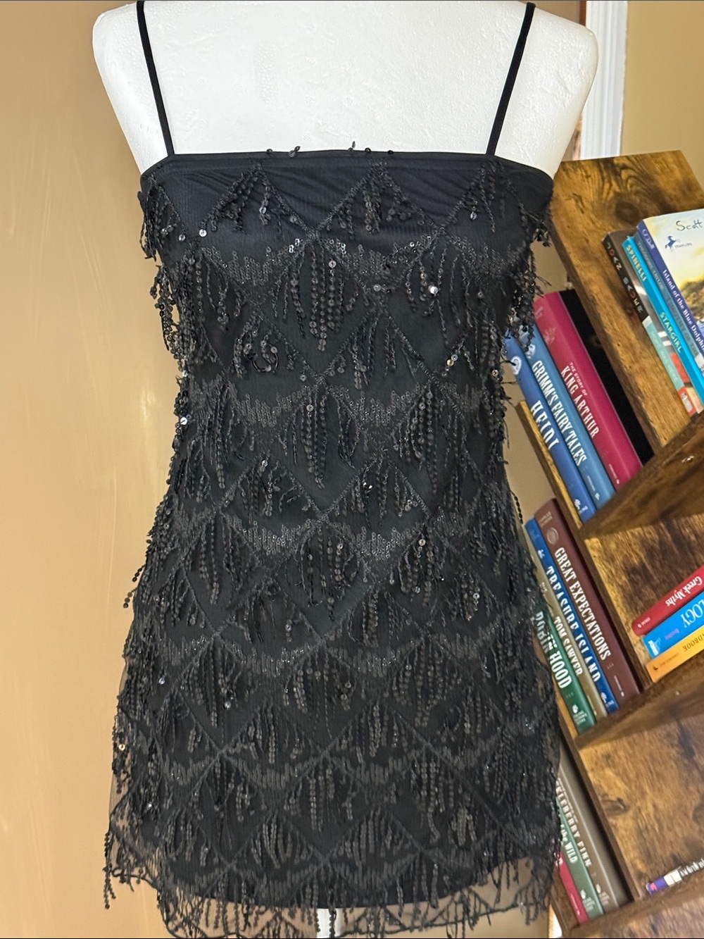 Cider Black Beaded Strapless Fringe Mini Dress